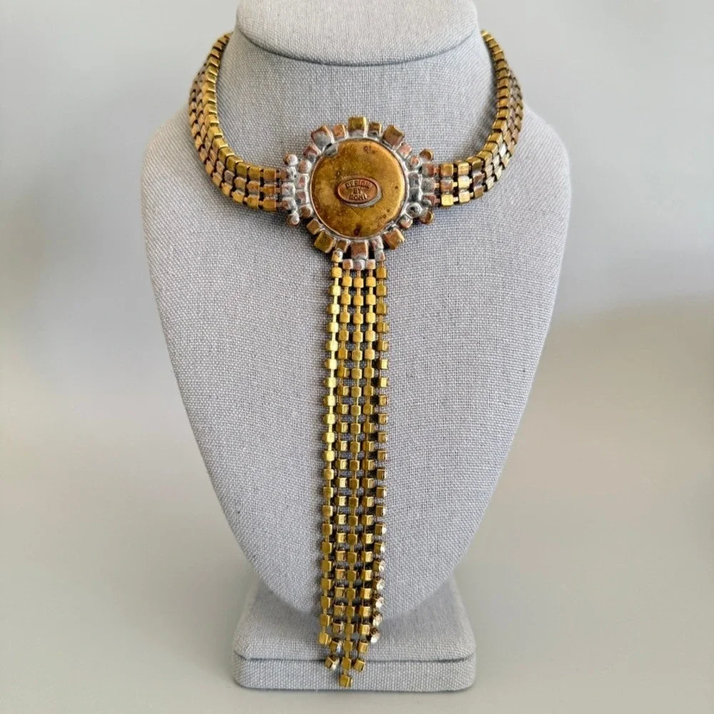 Vintage DESIGN BY ROMI White Rhinestone Blue XL Center Stone Choker Necklace 14